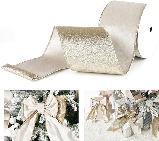 Champagne Velvet Wired Ribbon with Glitter Back 4 Inch Ivory and Gold Christmas Wired Ribbon for Christmas V1188-WSZ-A-2344