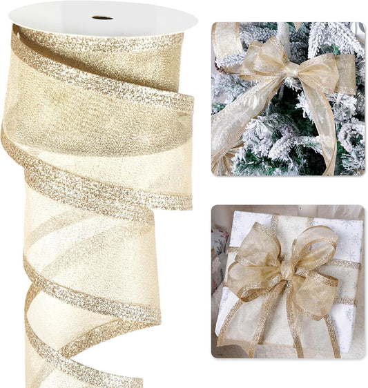 Champagne Christmas Ribbon Wired 2.5 Inch Champagne Gold Metallic Wired Ribbon with Glitter Stripe, Ribbon V1188-WSZ-A-2345