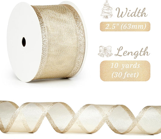 Champagne Christmas Ribbon Wired 2.5 Inch Champagne Gold Metallic Wired Ribbon with Glitter Stripe, Ribbon V1188-WSZ-A-2345