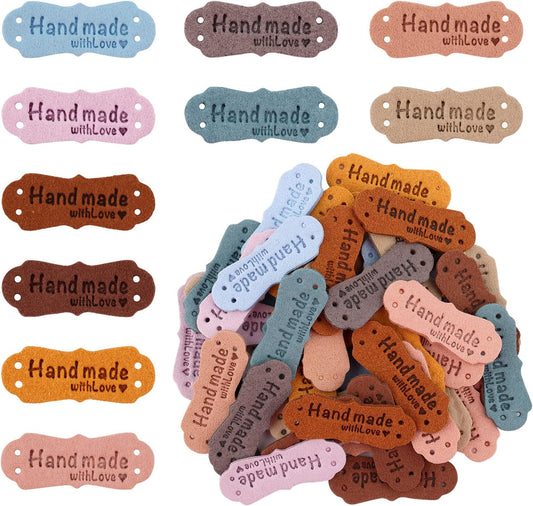 SAVITA 50 x Handmade Leather Labels with Microfibre Woven Leather Labels with Love Hearts for Crafts, V1188-WSZ-A-2826