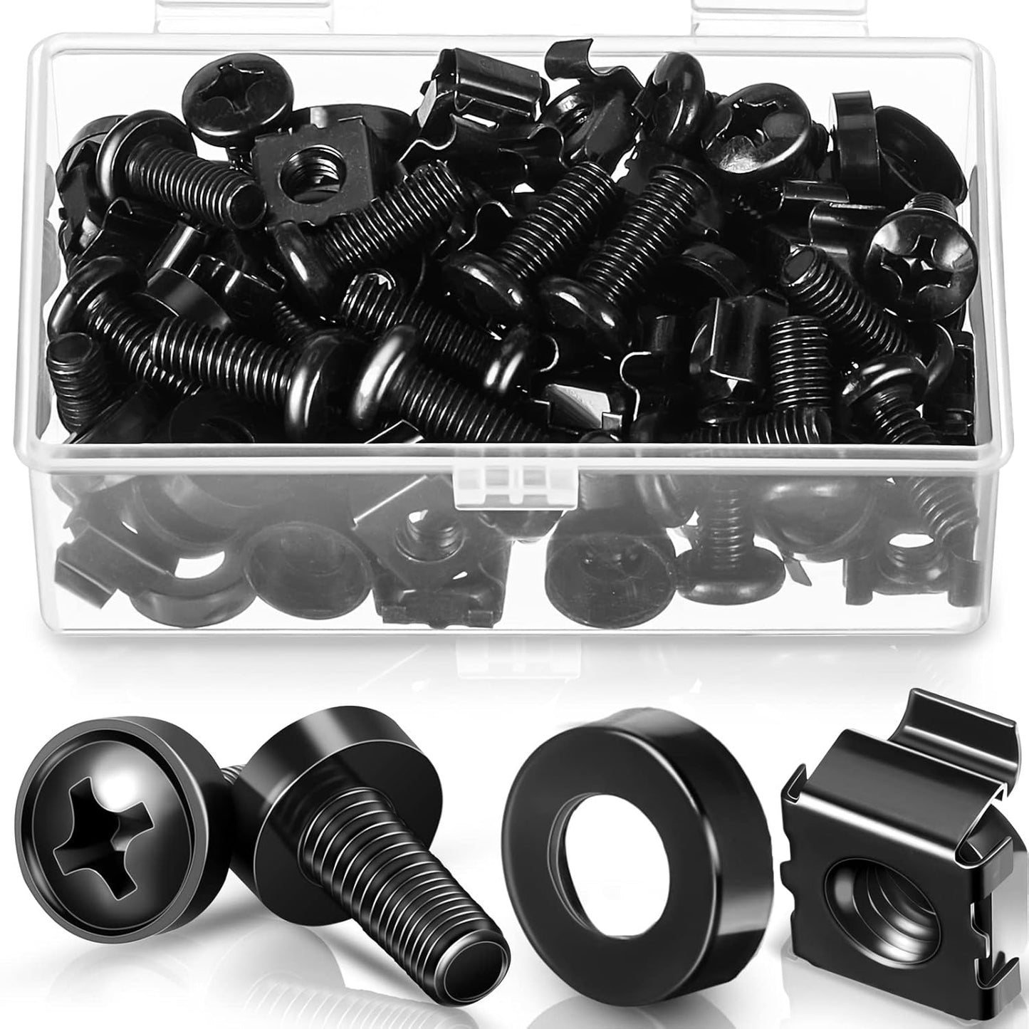 50 Pack M6 x 16 mm Rack Mount Cage Nuts, Screws and Washers Stainless Steel Black Server Rack Screws Square V1188-WTJ-AM-0006