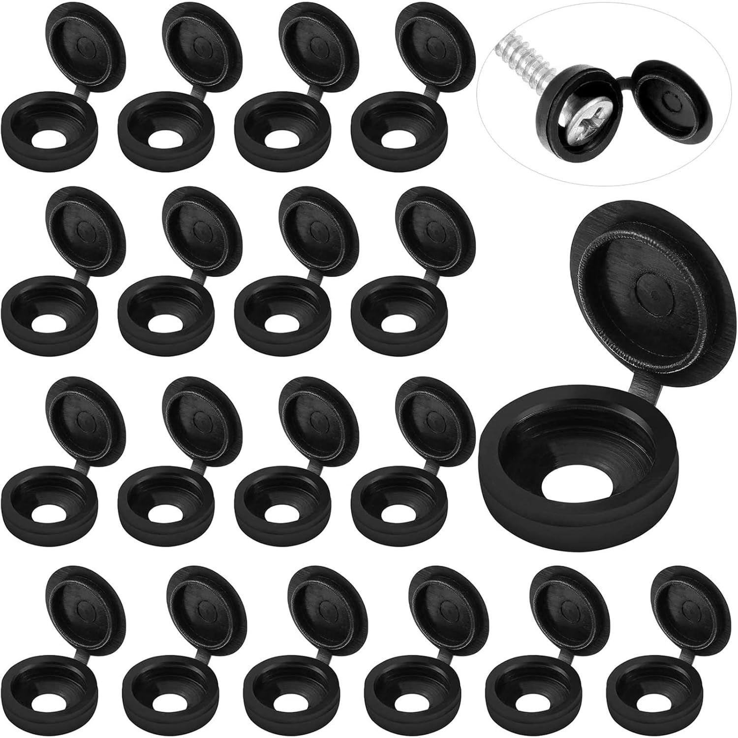 100 Pieces Hinged Screw Cover Caps Plastic Shutter Screw Caps Fold Screw Snap Covers Washer Flip Tops (Black, V1188-WTJ-AM-0008