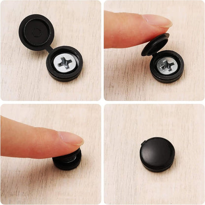 100 Pieces Hinged Screw Cover Caps Plastic Shutter Screw Caps Fold Screw Snap Covers Washer Flip Tops (Black, V1188-WTJ-AM-0008