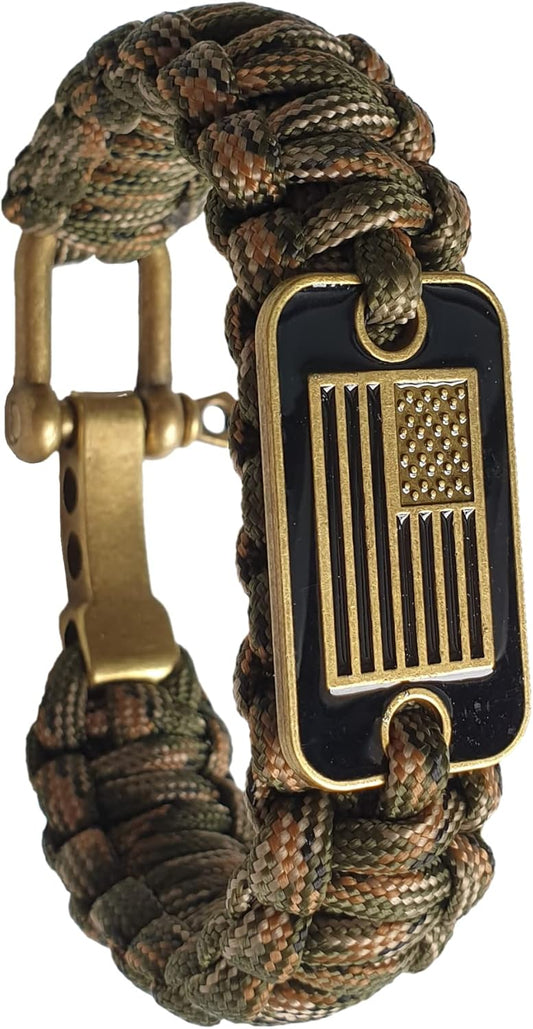 Paracord Bracelet - Tactical Survival Bracelet for Men with Bronze USA Flag - 3 Adjustable Sizes - Green V1188-WTJ-FR-21064