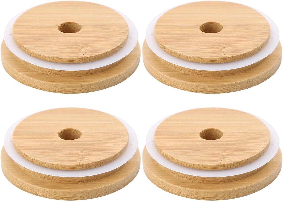 4 Pack 86mm Wide Mouth Bamboo Mason Jar Lids with Straw Hole Reusable Bamboo Caps Leak-Proof Glass Canning V1188-WTJ-FR-21157