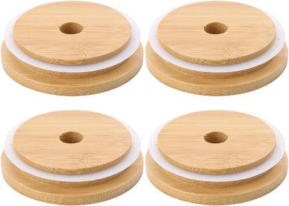 4 Pack 86mm Wide Mouth Bamboo Mason Jar Lids with Straw Hole Reusable Bamboo Caps Leak-Proof Glass Canning V1188-WTJ-FR-21157
