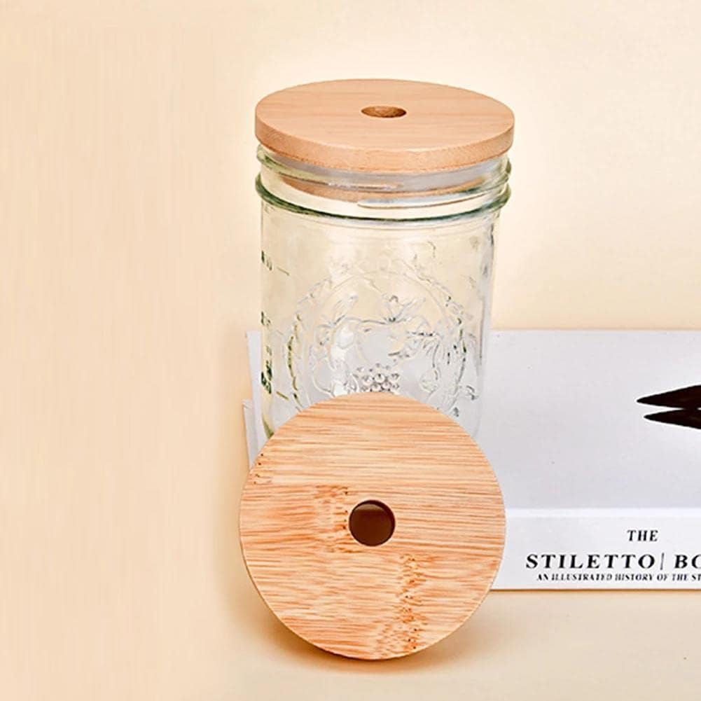 4 Pack 86mm Wide Mouth Bamboo Mason Jar Lids with Straw Hole Reusable Bamboo Caps Leak-Proof Glass Canning V1188-WTJ-FR-21157
