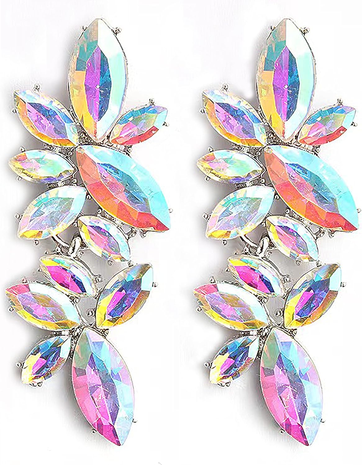 Iridescent Rhinestone Earrings for Prom, Sparkling Bridal Cluster Drop Dangle Stud Earrings, AB Crystal V1188-WTJ-LZZ-00967