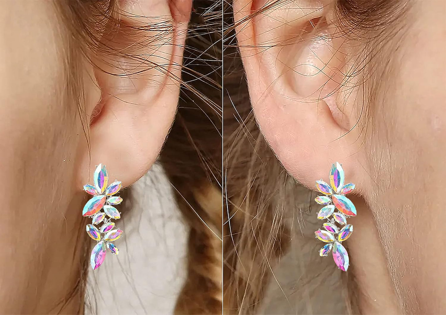 Iridescent Rhinestone Earrings for Prom, Sparkling Bridal Cluster Drop Dangle Stud Earrings, AB Crystal V1188-WTJ-LZZ-00967