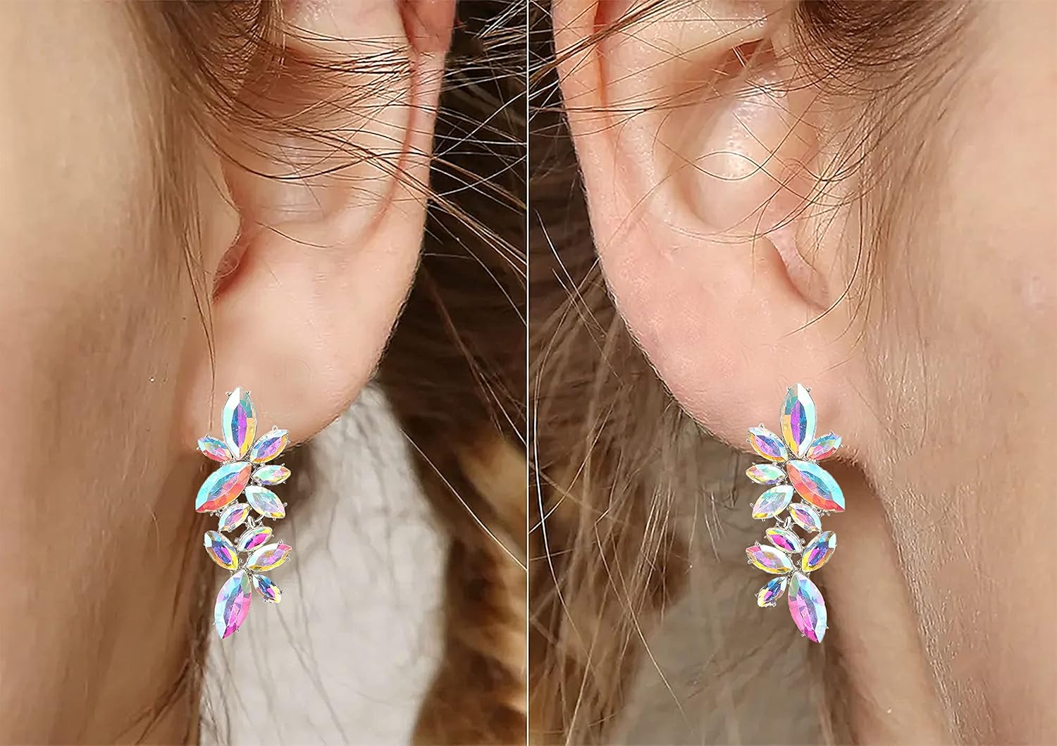 Iridescent Rhinestone Earrings for Prom, Sparkling Bridal Cluster Drop Dangle Stud Earrings, AB Crystal V1188-WTJ-LZZ-00967