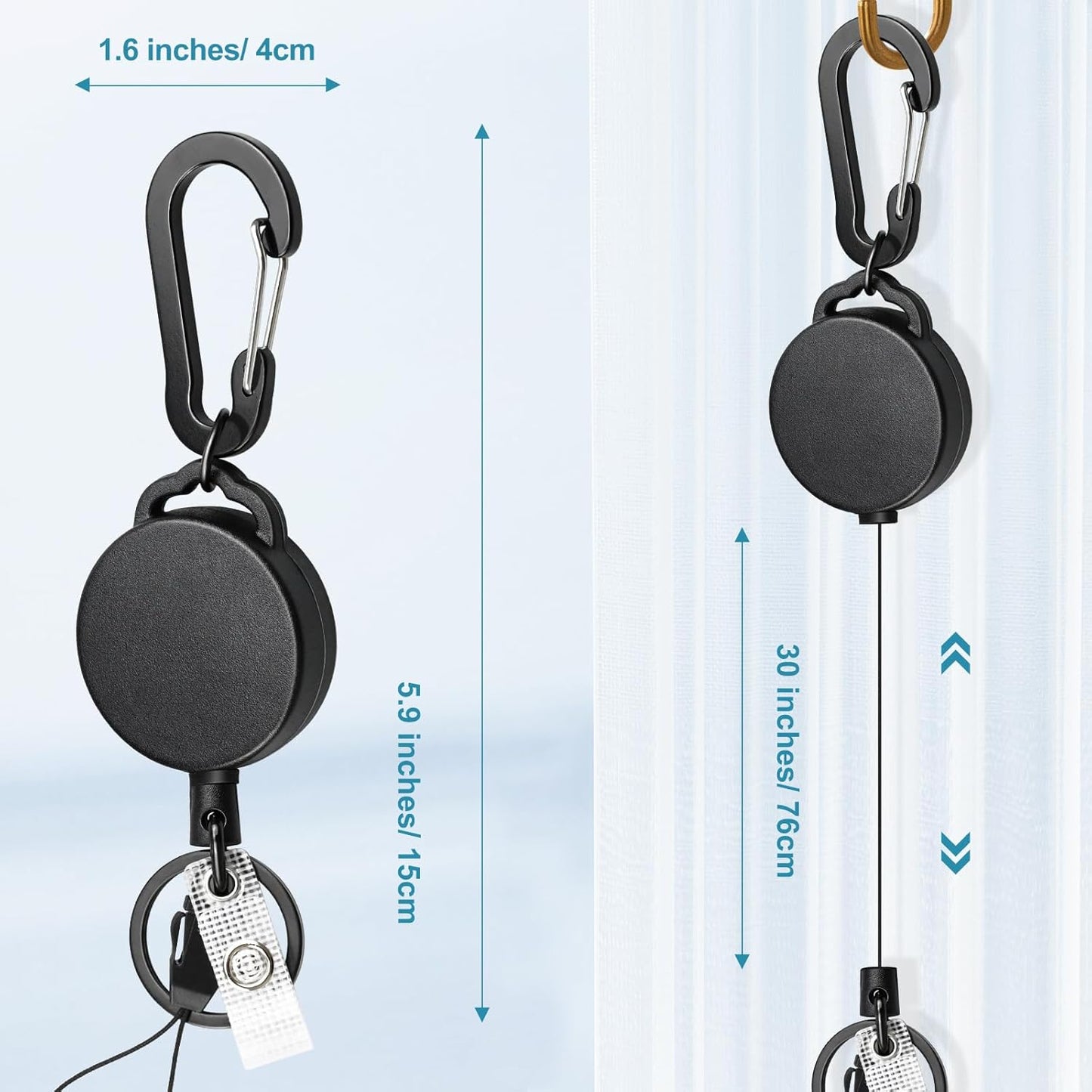 2 Pack Retractable Keychain Heavy Duty Retractable Badge Reel Carabiner with 30" Retractable Cord, Black V1188-WTJ-LZZ-01341