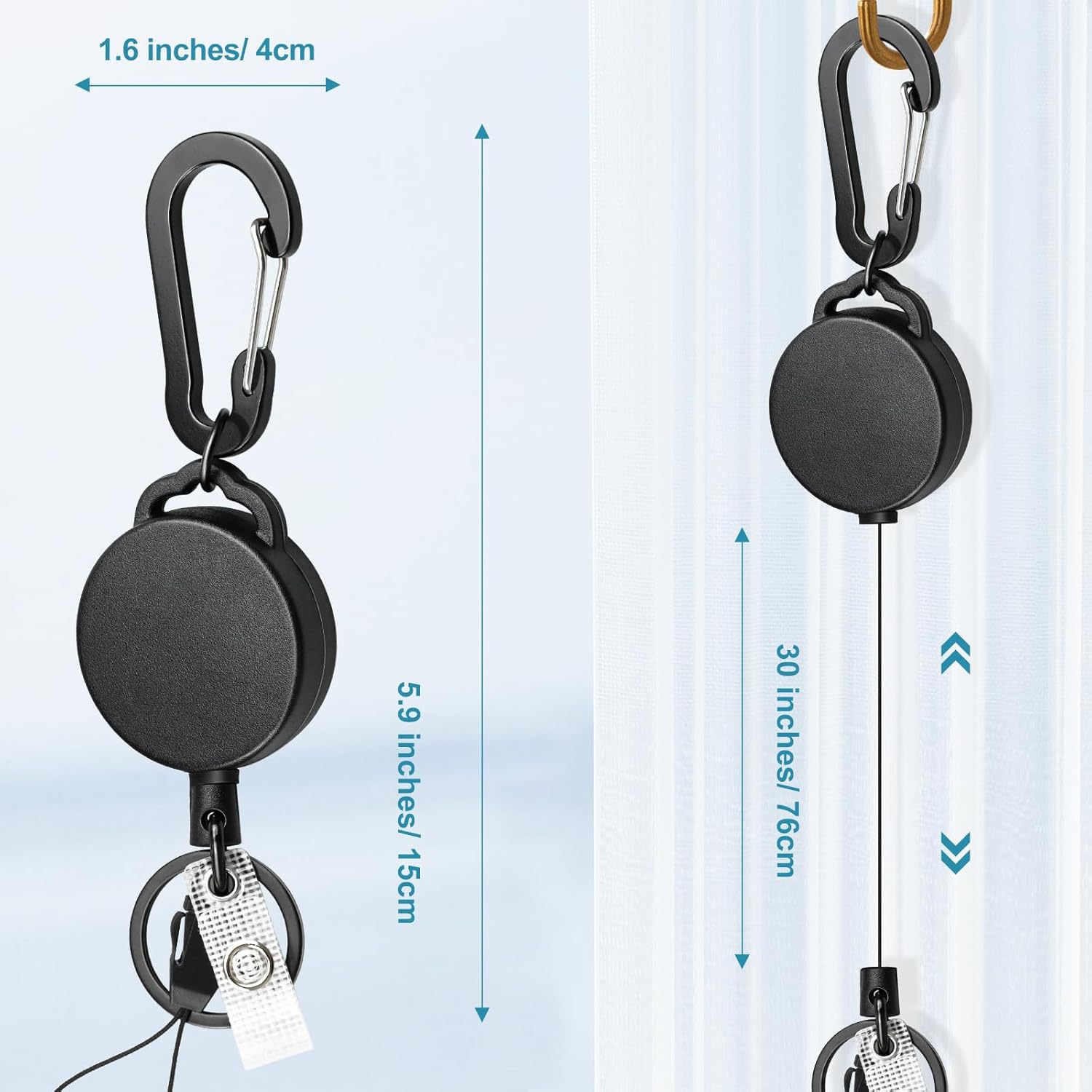 2 Pack Retractable Keychain Heavy Duty Retractable Badge Reel Carabiner with 30" Retractable Cord, Black V1188-WTJ-LZZ-01341