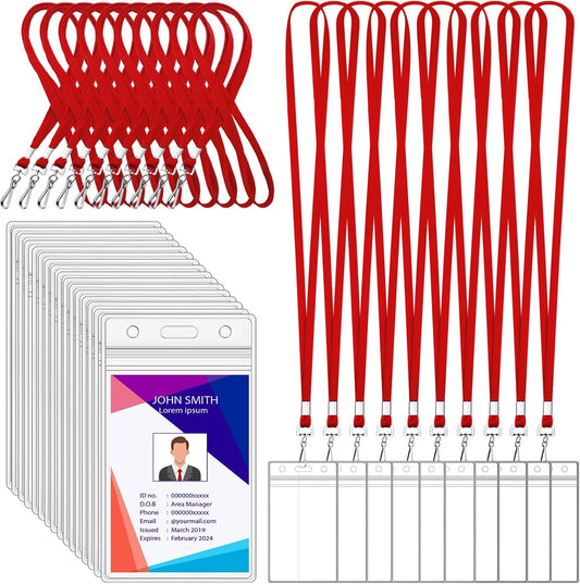 100 Pack Badge Lanyards with ID Card Holders Red Lanyards with Vertical Waterproof ID Badge Holder for V1188-WTJ-LZZ-01347