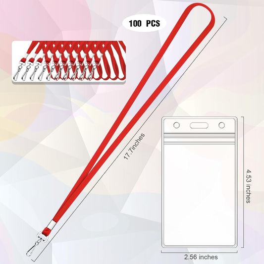 100 Pack Badge Lanyards with ID Card Holders Red Lanyards with Vertical Waterproof ID Badge Holder for V1188-WTJ-LZZ-01347