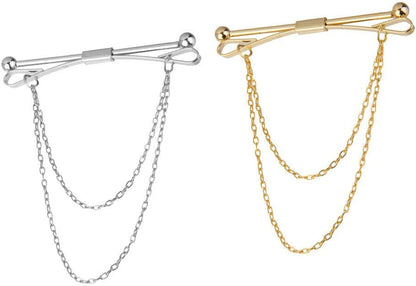 2pcs Men Gold Silver Collar Pin Bar Shirt Tie Stick Pin Brooch with Chain V1188-WTJ-LZZ-01704