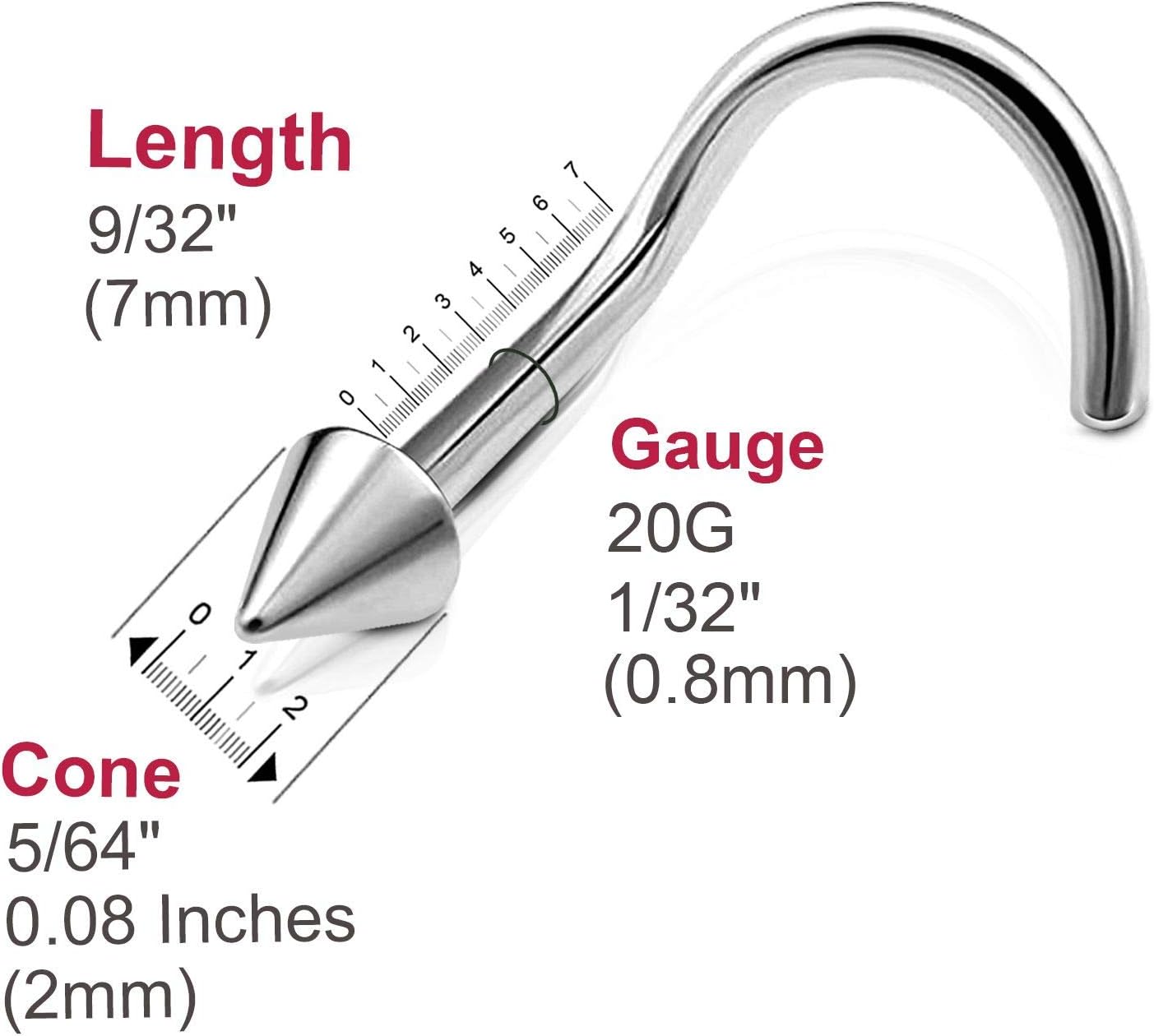 3pcs 20g 0.8mm Nose Screw Rings Nostril Stud Surgical Stainless Steel 2mm Cone Spike V1188-WTJ-LZZ-02007