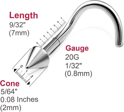3pcs 20g 0.8mm Nose Screw Rings Nostril Stud Surgical Stainless Steel 2mm Cone Spike V1188-WTJ-LZZ-02007
