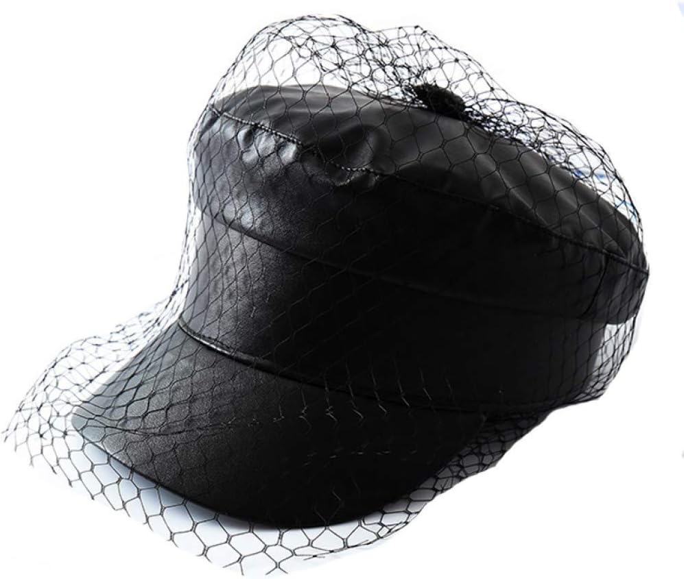 Spring Summer Octagol Cap Women Solid Black PU Lace Veil Newsboy Caps Fashion Beret Hats V1188-WTJ-QDH-01410
