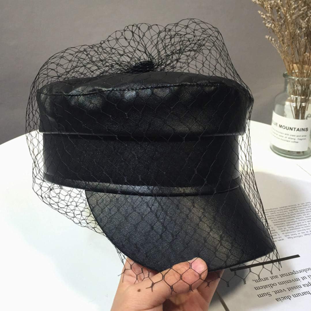 Spring Summer Octagol Cap Women Solid Black PU Lace Veil Newsboy Caps Fashion Beret Hats V1188-WTJ-QDH-01410