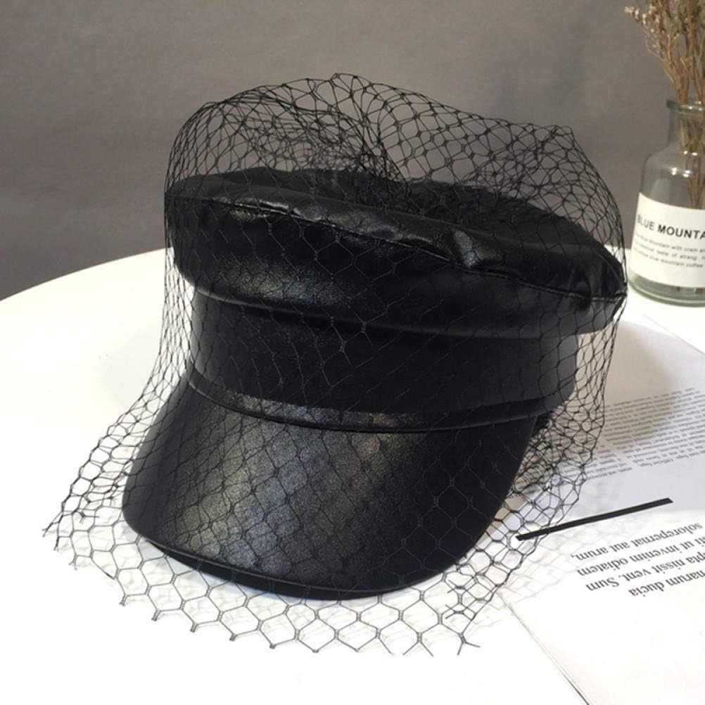 Spring Summer Octagol Cap Women Solid Black PU Lace Veil Newsboy Caps Fashion Beret Hats V1188-WTJ-QDH-01410