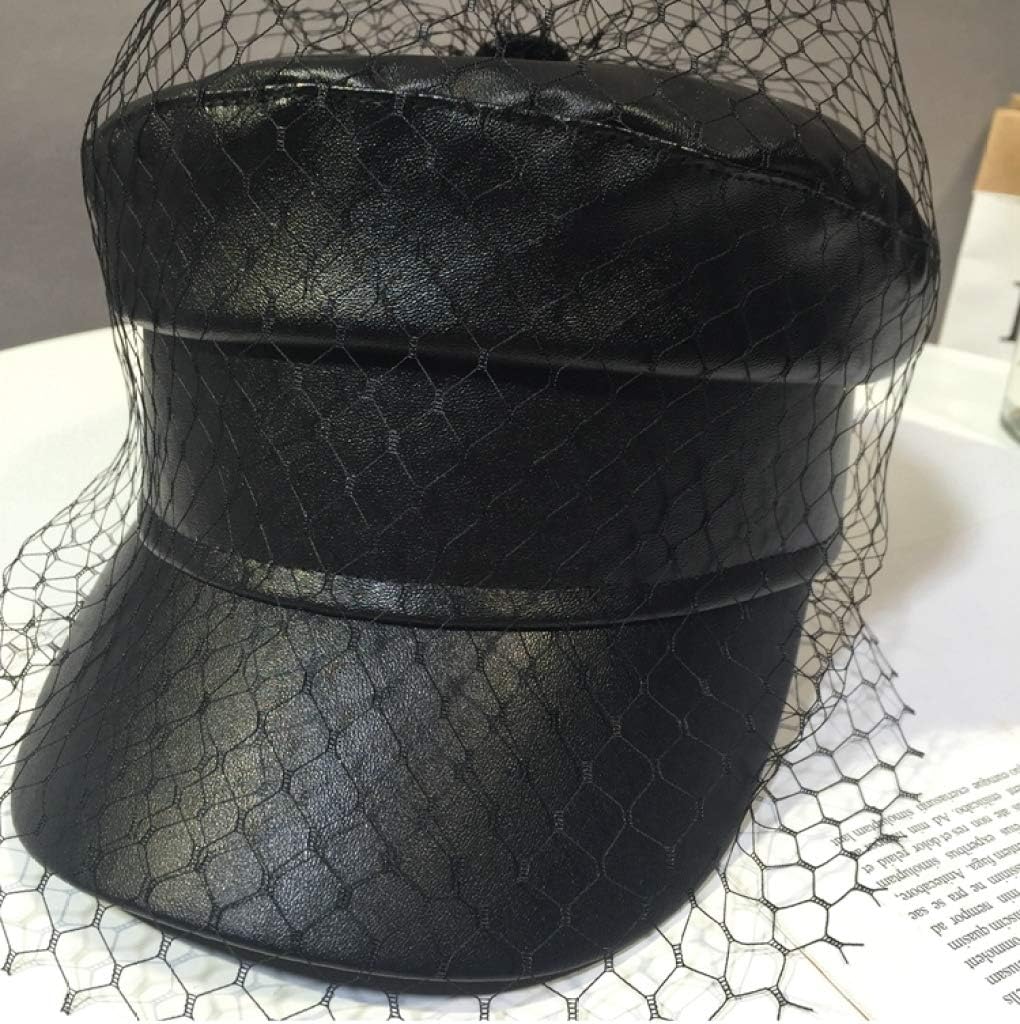 Spring Summer Octagol Cap Women Solid Black PU Lace Veil Newsboy Caps Fashion Beret Hats V1188-WTJ-QDH-01410