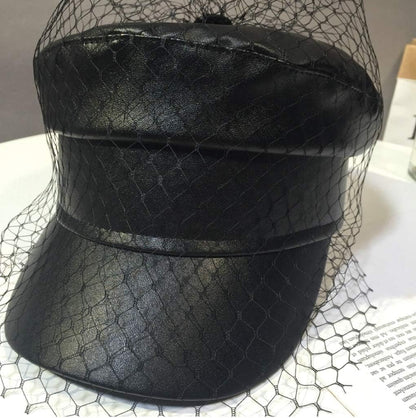 Spring Summer Octagol Cap Women Solid Black PU Lace Veil Newsboy Caps Fashion Beret Hats V1188-WTJ-QDH-01410