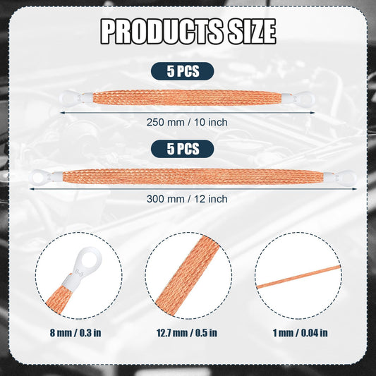 10pcs Universal Automotive Ground Straps, 10/12 inch Engine Ground Strap Kit Braided Copper Ground Straps V1188-WTJ-SJH-1245