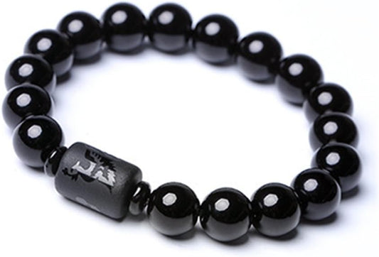 Natural Obsidian Stone Bead Bracelet Couple Men 10mm and Women 8mm Dragon and Phoenix Totem Jewelry (Phoenix) V1188-WTJ-SJH-1360