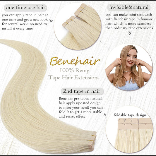 Tape in Hair Extensions Human Hair Platinum Blonde 18 Inch 20pcs 50g/pack Straight Hair Extensions Tape in V1188-WTJ-SJH-1561