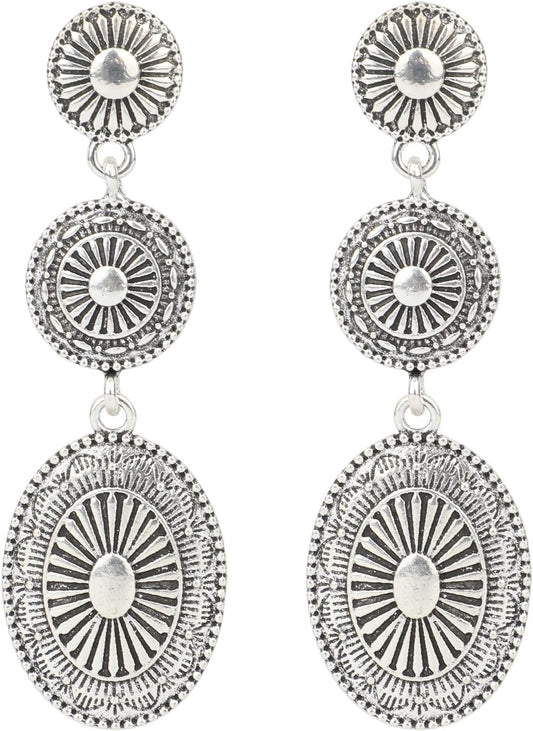 Western Country Earrings, Silver Elegant Jewelry for Women Vintage Concho Drop Dangle Earrings Trendy Cowgirl V1188-WTJ-SJH-1569