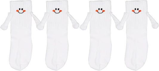 2 Pairs Hand Holding Socks for Kids, Funny Magnetic Mid-Tube Socks White Smile Face Matching Crazy Silly V1188-WTJ-SJH-1627