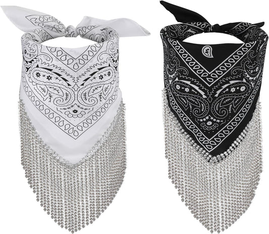 2pcs Rhinestone Fringe Bandana, Rhinestone Scarf for Women Sparkly Disco Cowgirl Bachelorette Bandanas Bling V1188-WTJ-SJH-1661