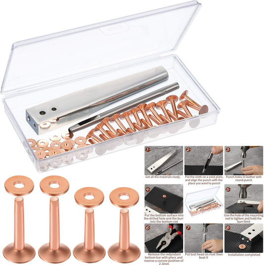 50 Pcs Copper Rivet and Burr 9 and #12 Copper Leather Brass Rivets Fastener Install Setting Tool with Hole V1188-WTJ-TLK-0064
