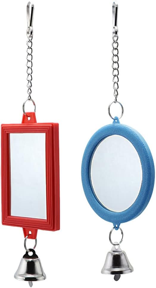 2-Piece Parrot Mirror Toy Hanging with Bells Pendant Bird Cage Accessories for Bird Parrot Budgie Parakeet V1188-WTJ-TLK-0179