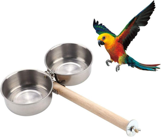 Bird Perch with Feeder CupsBowls Stainless Steel Odorless with Holder Hanger for Outside Durable Water Food V1188-WTJ-TLK-0182