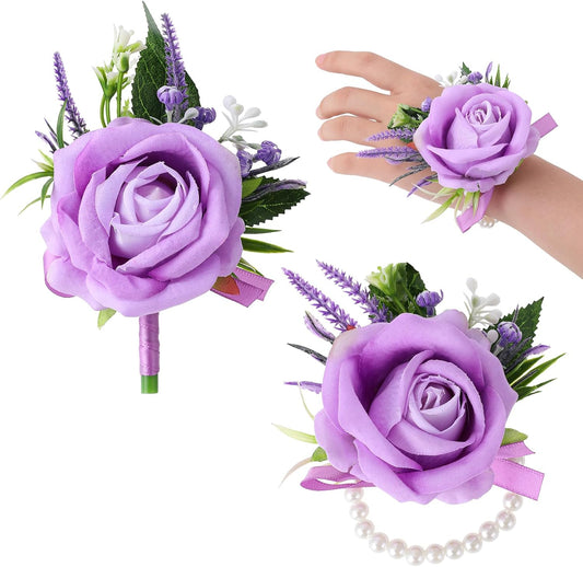 Purple Corsage and Boutonniere Set Handmade Artificial Flower Bride Wrist Corsage Bracelets Men Boutonniere V1188-WTJ-TLK-0524