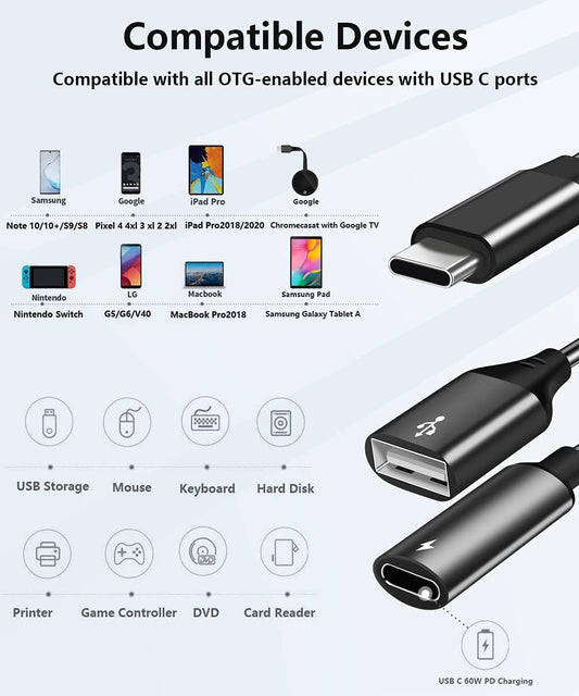USB C OTG Adapter, 2 in 1 USB C Male to USB Female with 60W PD Charging Port Adapter Compatible with Galaxy V1188-WTJ-TLK-1300