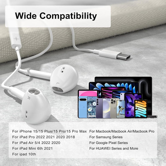 USB C Headphones Wired for iPhone 16/15 Series, for iPad Pro Air 5/4/Mini 6/iPad 10th, Type C Earbuds for V1188-WTJ-TLK-1322