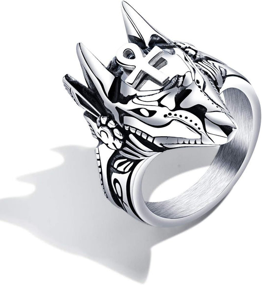Men's Stainless Steel Egyptian God Anubis Ring Vintage Gold Plated Ankh Cross Ring Jewelry V1188-WTJ-TLK-2749