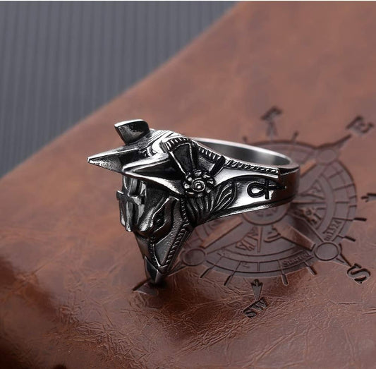 Men's Stainless Steel Egyptian God Anubis Ring Vintage Gold Plated Ankh Cross Ring Jewelry V1188-WTJ-TLK-2749