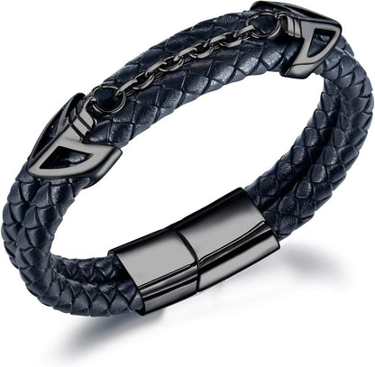 Mens Leather Bracelet with Stainless Steel Clasp Multi-Layer Braided Leather Mens Bracelet V1188-WTJ-TLK-2782