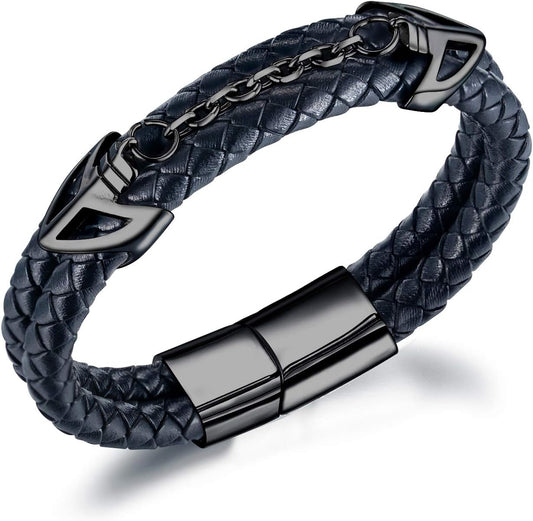 Mens Leather Bracelet with Stainless Steel Clasp Multi-Layer Braided Leather Mens Bracelet V1188-WTJ-TLK-2782