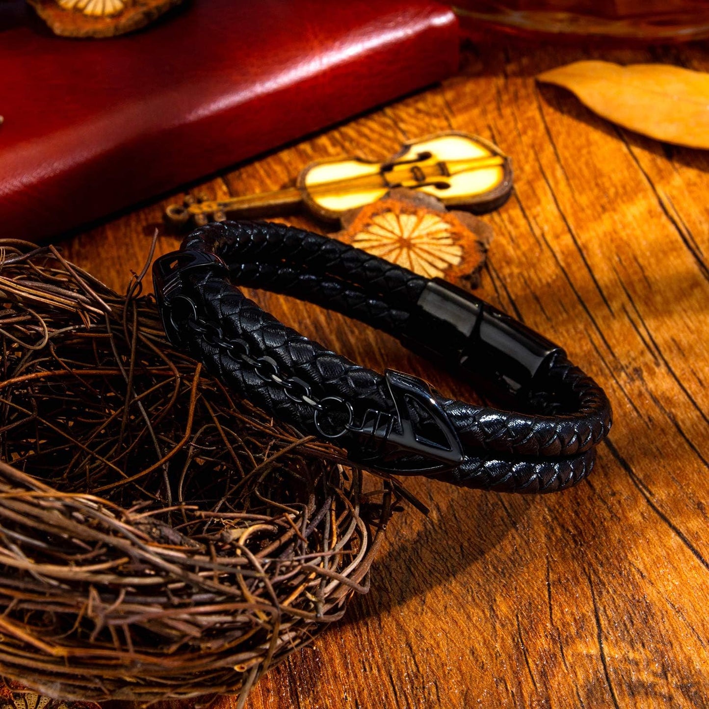 Mens Leather Bracelet with Stainless Steel Clasp Multi-Layer Braided Leather Mens Bracelet V1188-WTJ-TLK-2782