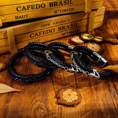Mens Leather Bracelet with Stainless Steel Clasp Multi-Layer Braided Leather Mens Bracelet V1188-WTJ-TLK-2782