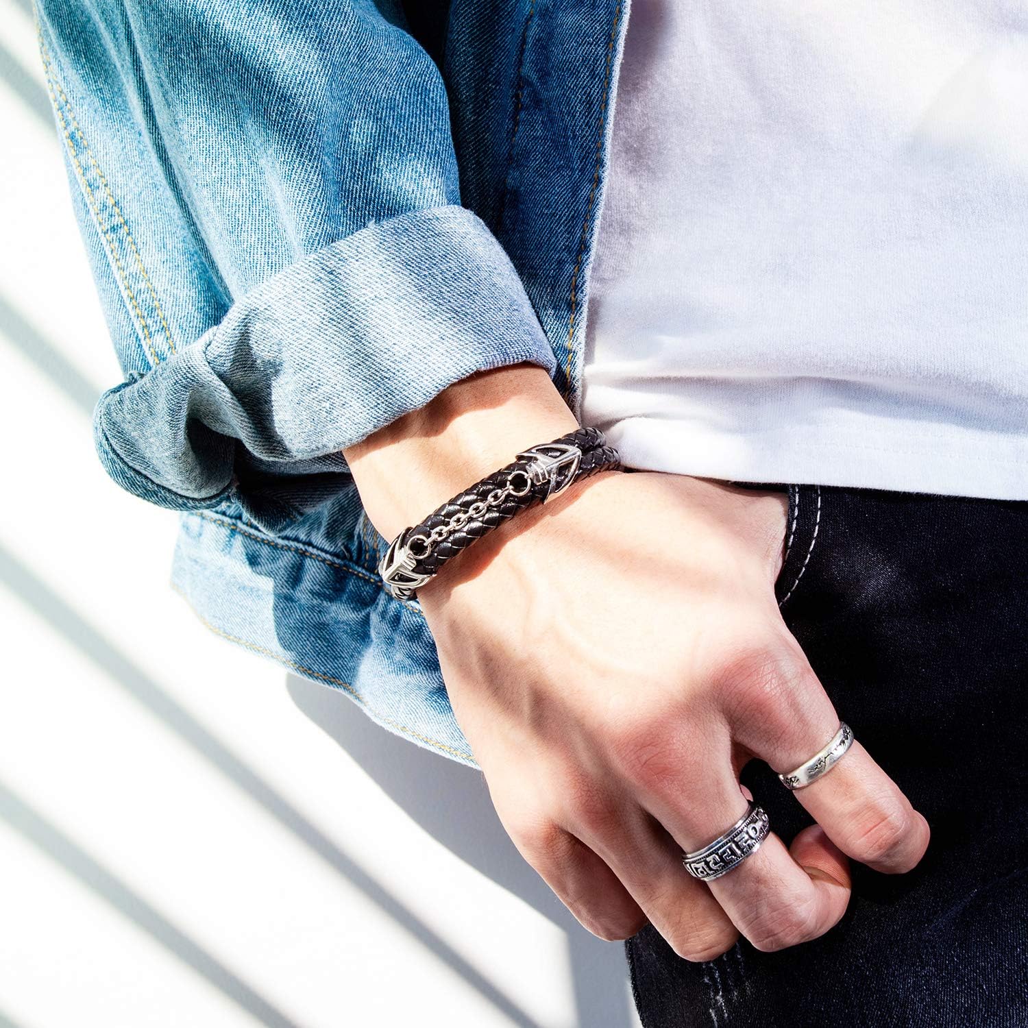 Mens Leather Bracelet with Stainless Steel Clasp Multi-Layer Braided Leather Mens Bracelet V1188-WTJ-TLK-2782
