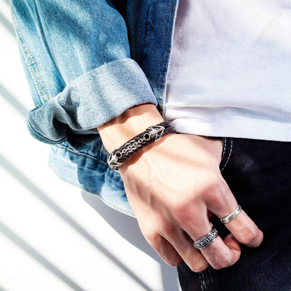 Mens Leather Bracelet with Stainless Steel Clasp Multi-Layer Braided Leather Mens Bracelet V1188-WTJ-TLK-2782