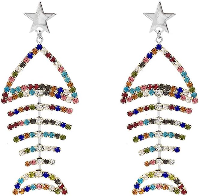 Multicolor Crystal CZ Fishbone Dangle Earrings for Women Statement Large Long Fish Skeleton Earrings V1188-WTJ-TLK-2801