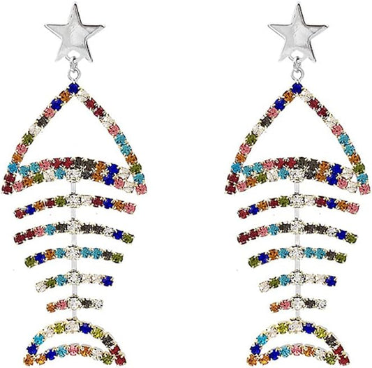 Multicolor Crystal CZ Fishbone Dangle Earrings for Women Statement Large Long Fish Skeleton Earrings V1188-WTJ-TLK-2801