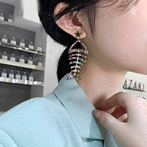 Multicolor Crystal CZ Fishbone Dangle Earrings for Women Statement Large Long Fish Skeleton Earrings V1188-WTJ-TLK-2801
