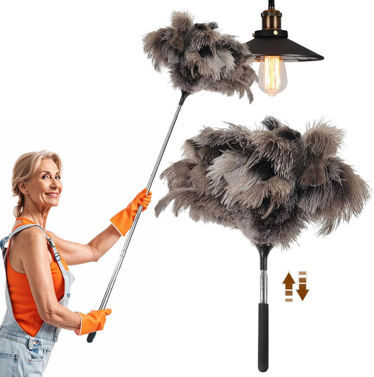 40 inches Extendable Ostrich Feather Duster, Fluffy Long Handle Reusable Duster for Cleaning Ceiling Fans, V1188-WTJ-TLK-2854